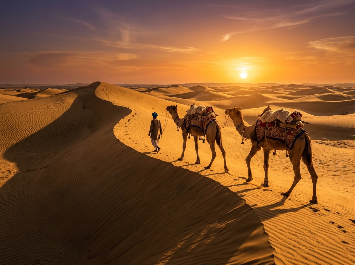Camels on Sam Sand Dunes at sunset