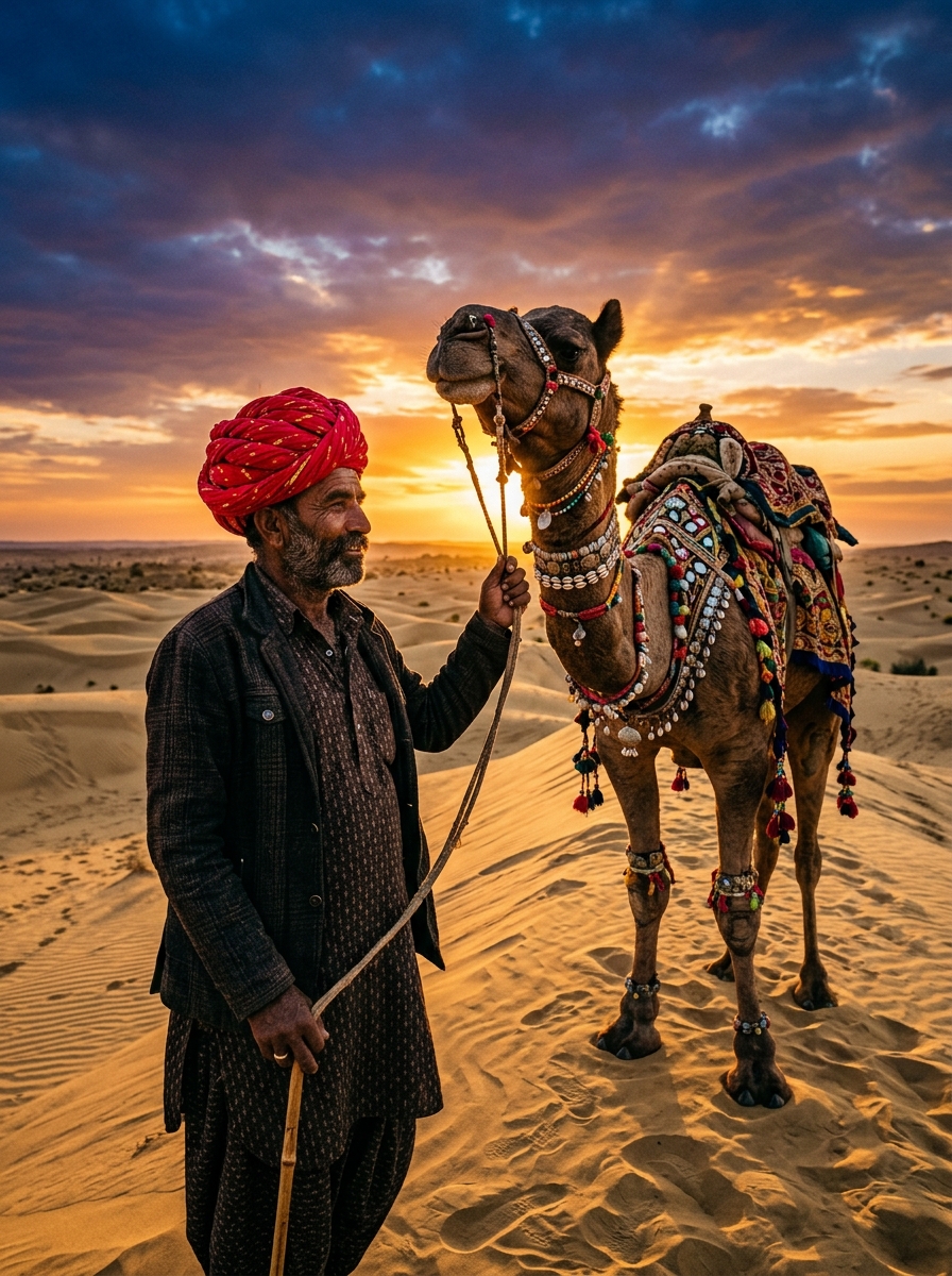Desert twilight camel safari in Thar
