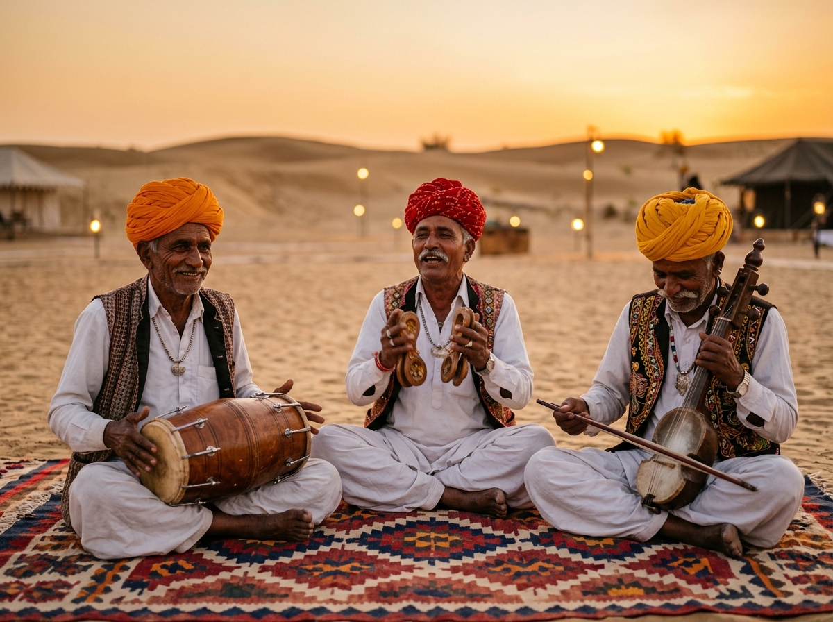 Rajasthani folk musicians in colourful turbans playing dholak