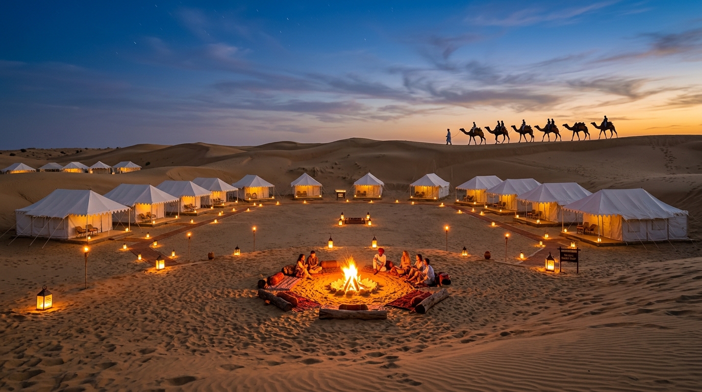 Sura Jaisalmer Desert Camp with Swiss Tents at night